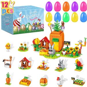 Easter Basket Stuffers Toys for Kids, Prefilled Easter Eggs Fillers with Farm Building Blocks Toys for Boys Girls Gifts Ideas Egg Hunt Party Favors Supplies