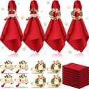 EBOOT 16 PCS Christmas Napkins and Ring Set 8 PCS Red Washable Napkins Cloth Fabric and 8 Christmas Rings Holder for Xmas Holiday Dinner Party Table Decoration(Elk, Bell)
