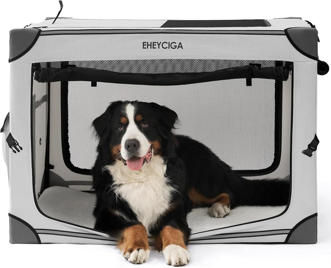 EHEYCIGA Collapsible Dog Crate 42 Inches, Portable Travel Crate for Extra Large Dogs, Soft Foldable Pet Kennel with 4-Door Mesh Windows Indoor & Outdoor, Grey