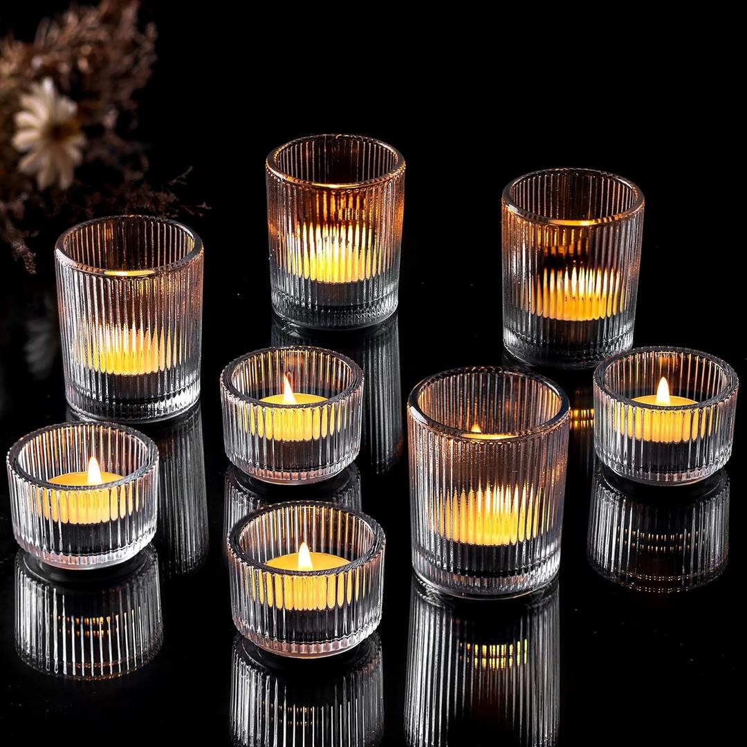 Hewory Glass Tealight Candle Holder: 8 Pcs Tea Lights Candle Holder Clear Votive Candle Holders for Table Centerpiece, Tea Light Holders Glass Candle Holder for Wedding Party Living Room Home Decor