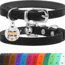BRONZEDOG Leather Cat Collar with Removable Bells Non Breakaway Kitten QR Tag for Girl Boy (9" - 12" Cats/Mini Dogs, Black & Silver)