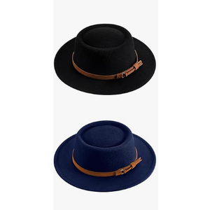 Hercicy Wool Fedora Hats for Women Vintage Felt Boho Hat with Decorative Belt Panama Pork Pie Jazz Style Headwear (Black & Navy Blue)