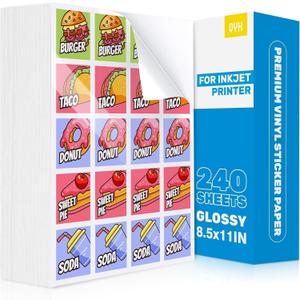 QYH Printable Vinyl Sticker Paper for Printer, 240 Sheets White Waterproof, Glossy Bulk Sticker Paper for Small Business, Compatible with Cricut & Inkjet/Laser Printers - 8.5x11