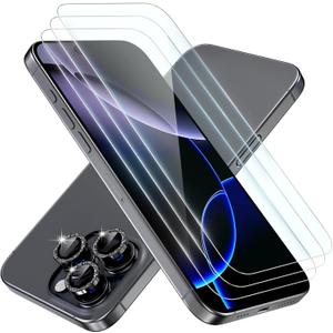 beuxece 3 Pack for iPhone 16 Pro Screen Protector 6.3" [9H Tempered Glass] [Bubble Free] [Military Grade Protection] & 1 Set of Glitter Camera Lens Protector - Black