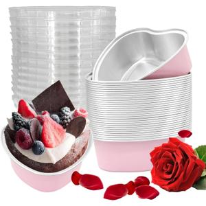 30 Pcs Heart Shaped Cake Pans with Lids, Mini Pink Aluminum Foil Baking Tins 3.4 Oz, Disposable Cupcake Containers for Valentine's Day, Mother's Day, Wedding, Party