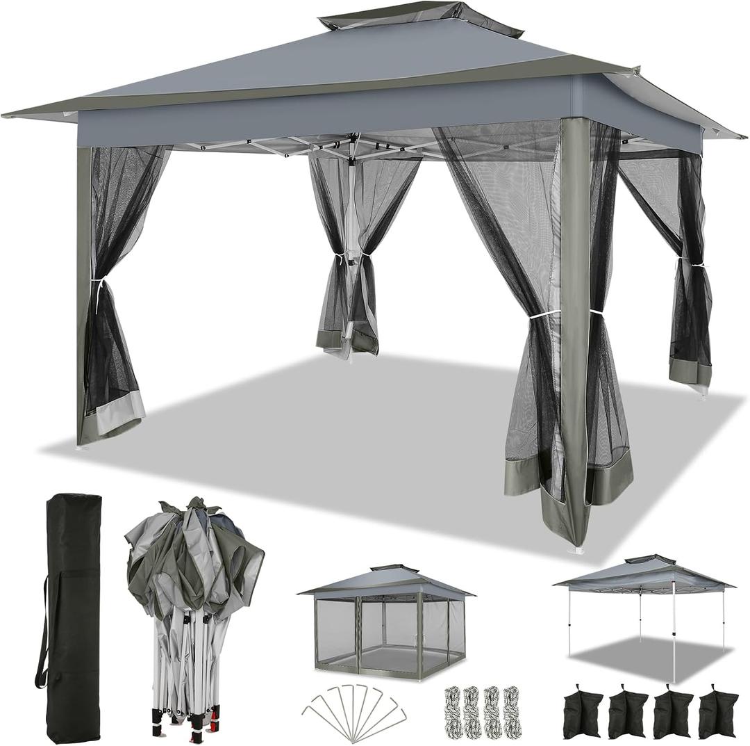 COBIZI 12x12 FT Pop up Gazebo on Clearance Outdoor pop up Canopy Tent,carpas para Patio, Shelter Tents with Netting & Portable Carry Bag, Patio Gazebos for Camping, Garden & Lawn, Darkgrey(Upgraded), 12x12ft Double Roof