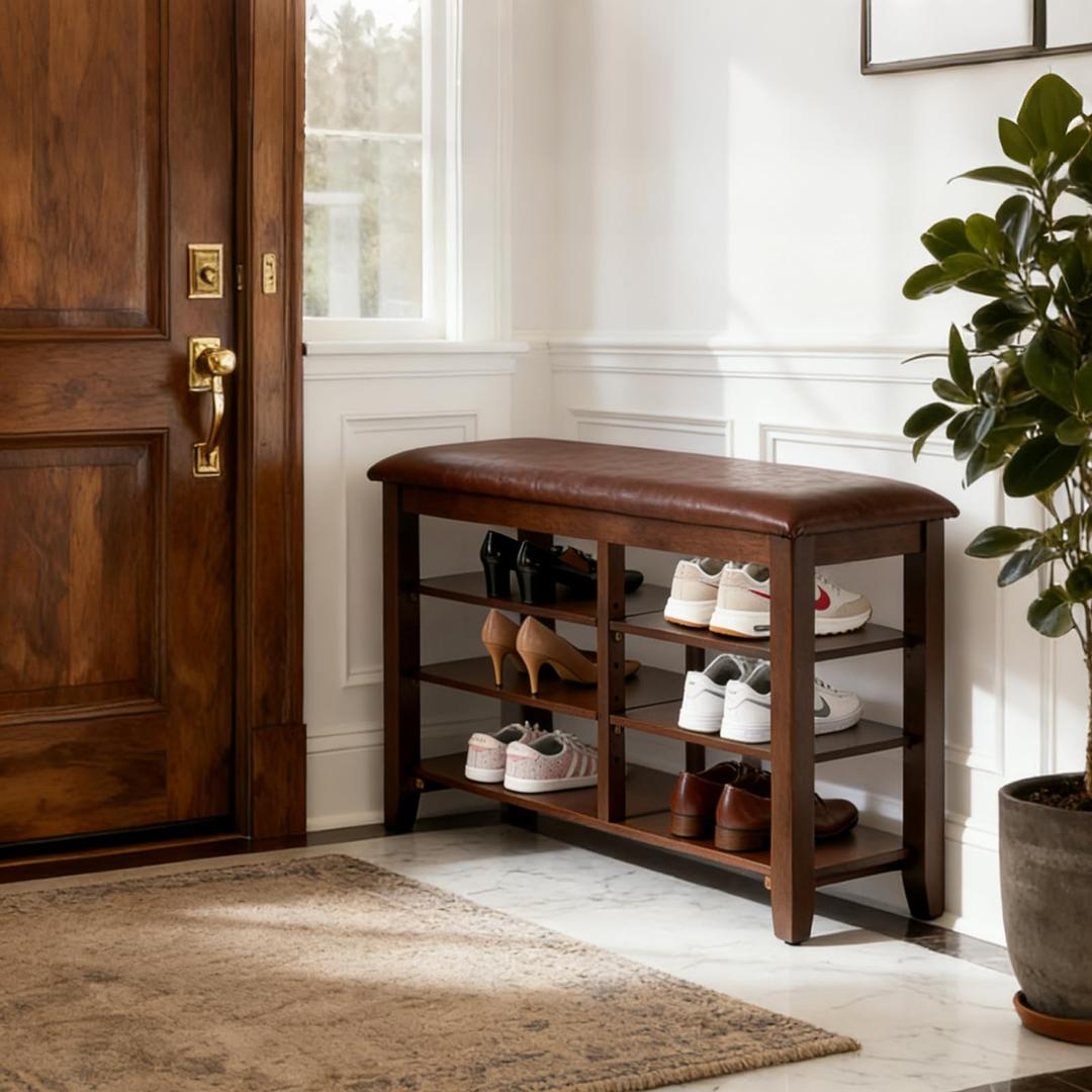 PY HOME & SPORTS Shoe Rack for Entryway 47": 2-Tier Shoe Storage Bench, Adjustable/Removable Shelves, Rubberwood Shoe Benches for Hallway, Porch, Bathroom, Brown