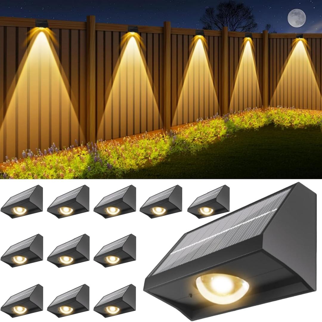 Solar Fence Lights Outdoor Waterproof High Brightness LED Spot Lens Deck Lights 7 Mode Warm & Cool White RGB Solar Powered Wall Lighting Decor for Outside Patio Step Backyard Railing Pool - 12 Pack (Black)