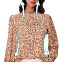 Womens Frill Mock Neck Boho Floral Tops Elegant Puff Long Sleeve Shirts 2025 Casual Vacation Outfits Work Blouse (L)