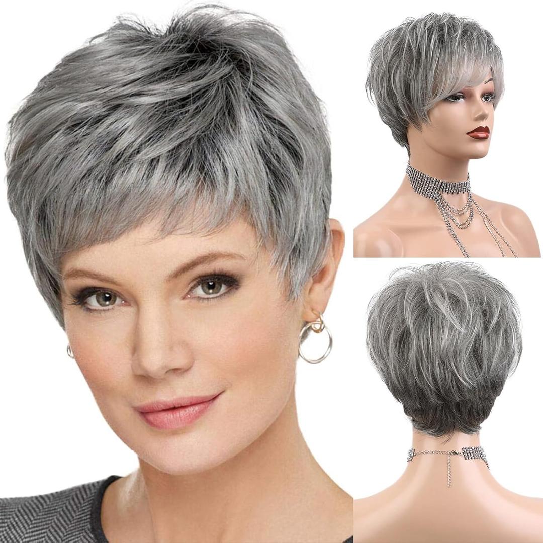 HAIRCUBE Easy Care Wigs Pixie Cut Human Hair Wigs for Women Pretty Short Gray Wigs for Women Natural Realistic