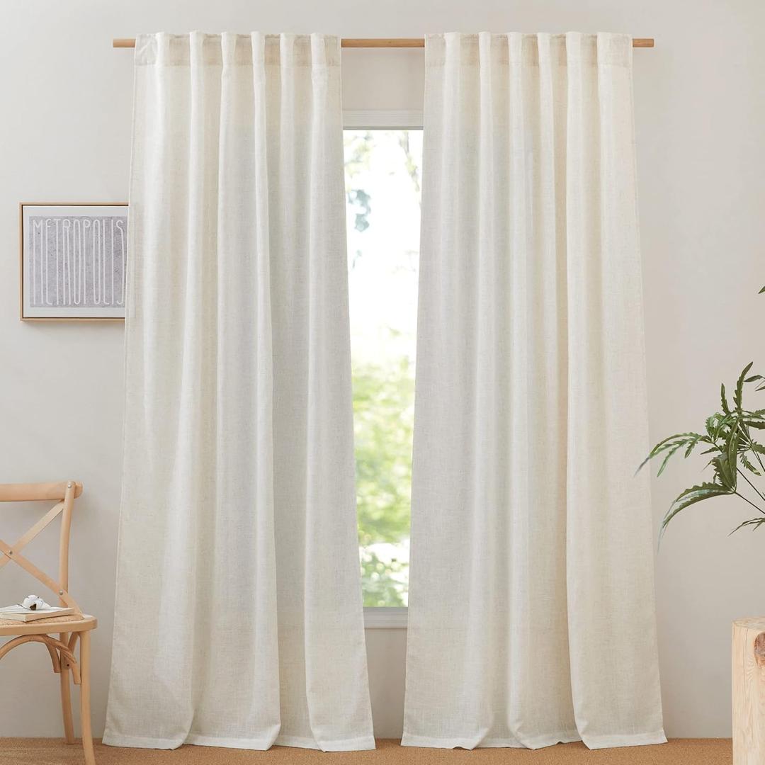 NICETOWN 120 inch Curtains Linen Blend for Bedroom, Rod Pocket & Back Tab Natural Linen Burlap Semi Sheer Window Treatments Privacy with Light Filtering for Living Room, W52 x L120, 2 Panels