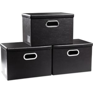 PRANDOM Collapsible Storage Bins with Lids [3-Pack] Leather Fabric Foldable Storage Boxes Organizer Containers Baskets Cube with Cover for Bedroom Closet Office Nursery Black (14.9x10.8x10)