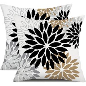 DFXSZ Black Brown Outdoor Pillow Covers 18x18 Inch Set of 2 White Gray Flower Throw Pillows Farmhouse Outdoor Modern Floral Polyester Square Cushion Case Decor for Patio Funiture Garden 002B18