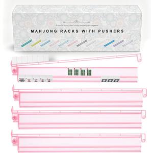 Mahjong Racks with Pushers 4PCS Set Majiang Tile Holder Acrylic Mahjong Racks Accessories and Gifts, Pink