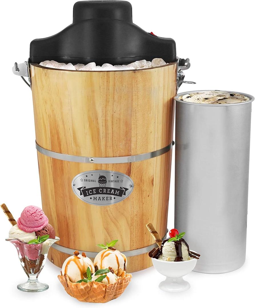Elite Gourmet Old Fashioned 6 Quart Vintage Wood Bucket Electric Ice Cream Maker Machine Appalachian, *Bonus Classic Die-Cast Hand Crank for Churning, Uses Ice and Rock Salt Churns Ice Cream in Minute (Pine)