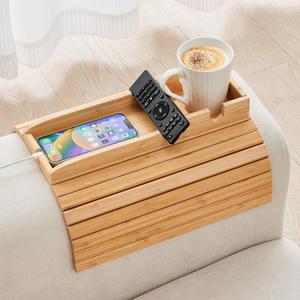 GEHE Bamboo Couch Cup Holder, Anti-Spill Sofa Arm Tray, Natural and Easy to Clean Couch Arm Cup Holder Armrest Tray Perfect for Cups, Beers, Snacks, Remote Control, Drinks (New Design-Bamboo)
