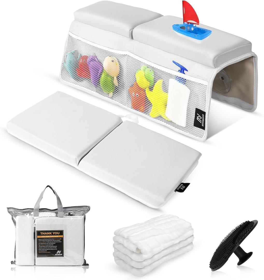 Baby Bath Kneeler & Elbow Rest Pad Set | Extra Thick 1.5” Foam That Relieves Knee & Elbow Pressure | Non-Slip Suction Stability | Machine Washable, Quick-Dry | Brush & Washcloth Gift Included