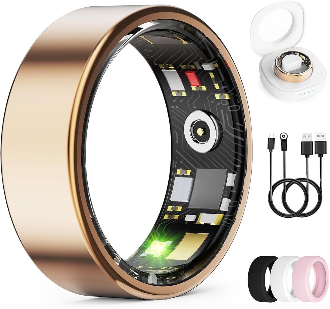 Smart Ring for Women & Men, Health Tracker Ring with Heart Rate, Blood Oxygen,Blood Pressure, IP68 Waterproof Fitness Ring, Sleep Tracker for iPhone and Android, No APP Fee (Rose Gold, 9#)