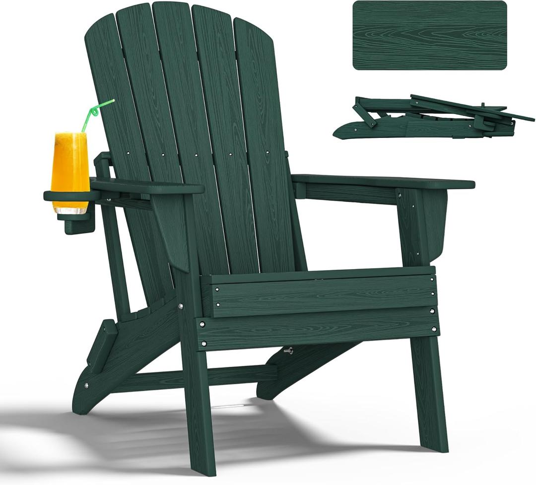 Folding Adirondack Chair - Extended Ergonomic Backrest, Cup Holder - Easy Assembly - Durable HDPE Plastic, Weather Resistant & Maintenance-Free - Lawn, Patio, Deck Supports 400lbs Green (1PC)
