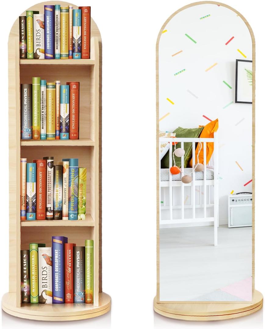 DELEMODUO Kids Rotating Bookshelf with Mirror, 48inch Wood Stading Floor Bookshelf for Small Space, 4 Tier Floor Standing Bookcase Storage Rack for Bedroom, Living Room, Study Room, 15 inches x 15 inches x 25 inches