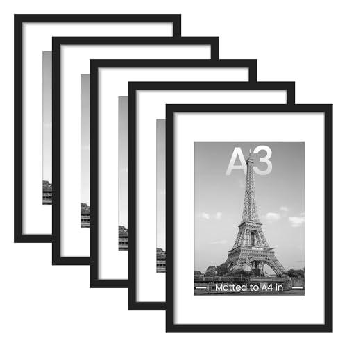 upsimples A3 Picture Frame Set of 5, Display Pictures 8.3x11.7 with Mat or 11.7x16.5 Without, Wall Gallery Poster Frames, Black