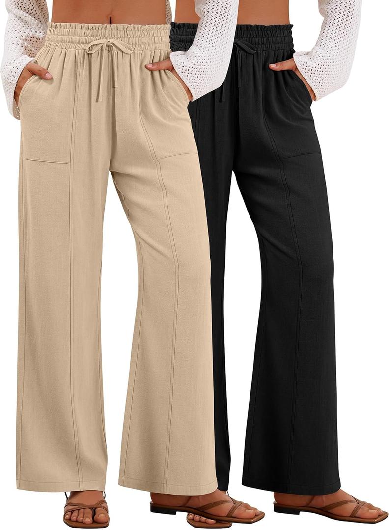 2 Pack Women's Linen Pants Summer Wide Leg Drawstring Elastic Waist Pant Casual Loose Fit Beach Trousers with Pockets (Medium, Khaki, Black)