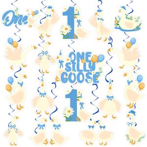 24Pcs One Silly Goose 1st Birthday Decor Silly Goose Hanging Birthday Swirl for Boys Blue Bow Silly Goose First Birthday Decorations for Funny Goose Theme 1st Birthday Party Supplies