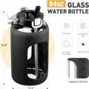 WINSA 84oz Glass Water Bottle with Stainless Steel Handle,2.5L Gallon Water Bottle with 2-IN-1 Straw Lid, Silicone Sleeve and Motivational Capacity Marker, Wide Mouth Water Jug For Gym, Workout, Black