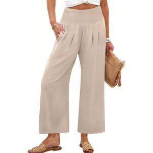 ANRABESS Womens Wide Leg Palazzo Pants with Pockets | Lightweight Breathable High Waisted Pants, Beach Vacation Flowy, Lounge & Casual Summer Trousers (Beige, M)