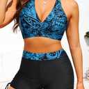 Yonique Women Bikini Set with Swim Shorts 2 Piece Swimsuit with Boyshorts Halter High Waisted Bathing Suit (Blue, S)