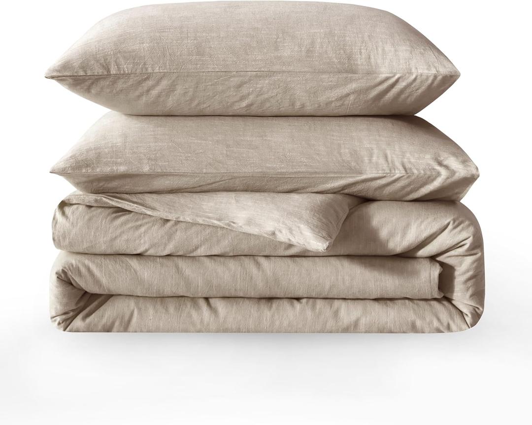 BFS HOME Linen Duvet Cover Queen Size - Soft Breathable Cotton Linen Blend, 3-Pieces Bedding Set with 2 Pillowcases, Stonewashed Texture, Khaki, All-Season Comfort