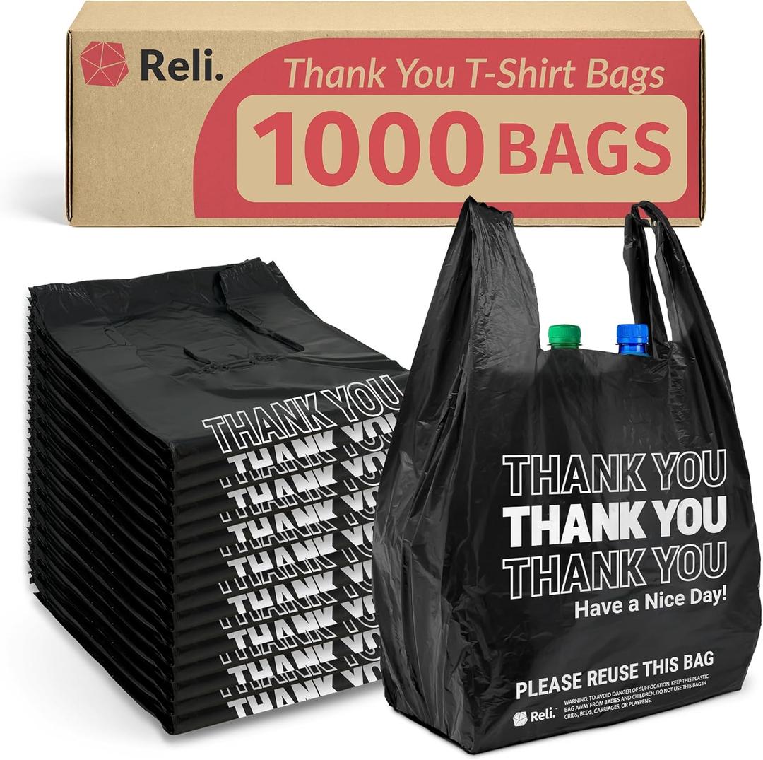 Reli. Thank You Plastic Bags | 1000 Pack | (11.5" x 6.5" x 21"), Black | Plastic Bags with Handles | Ideal for Grocery, Shopping, Food Take Out, Restaurants, Small Business