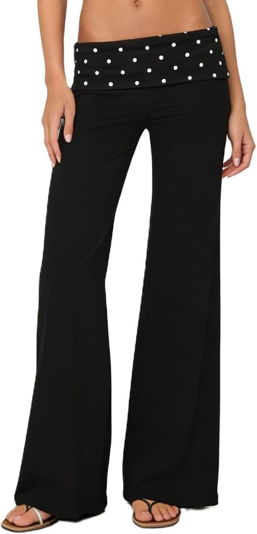 FOMOYUU Lounge Yoga Pants for Women Fold Over Low Waist Wide Leg Sweatpants Flare Leggings Bell Bottoms Y2K Foldover Pants (Medium, Black Dots)