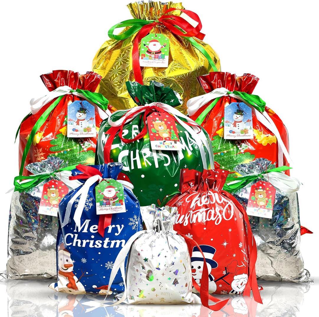 Diamerd 38PC Christmas Drawstring Gift Bags with Tags, Assorted Sizes for Xmas Party Favors & Holiday Present Wrapping, Small/Medium/Large
