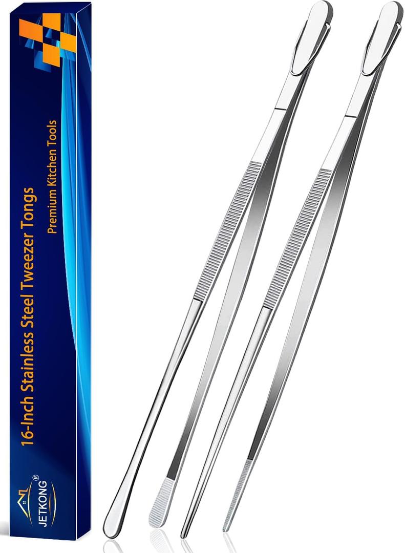 JETKONG 2 Pcs 16-Inch Kitchen Tweezers Extra Long Tweezer Tongs, Heavy Duty Stainless Steel Cooking Tweezers (Silver)