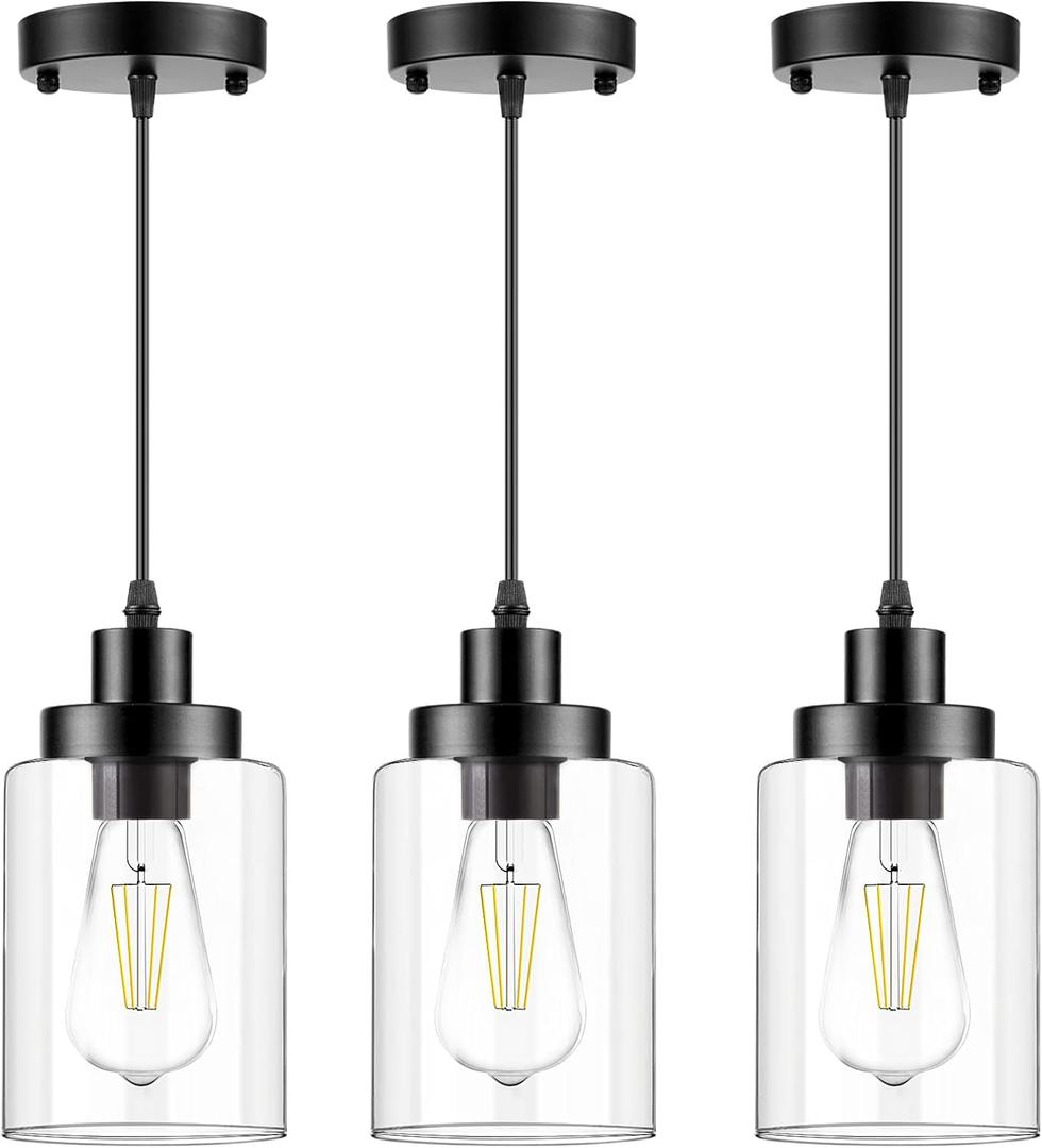 Industrial Pendant Lighting, Modern Clear Glass Shade Farmhouse Adjustable Hanging Light Fixtures for Kitchen Island Living Room Bedroom Hallway, 3-Pack (Black)