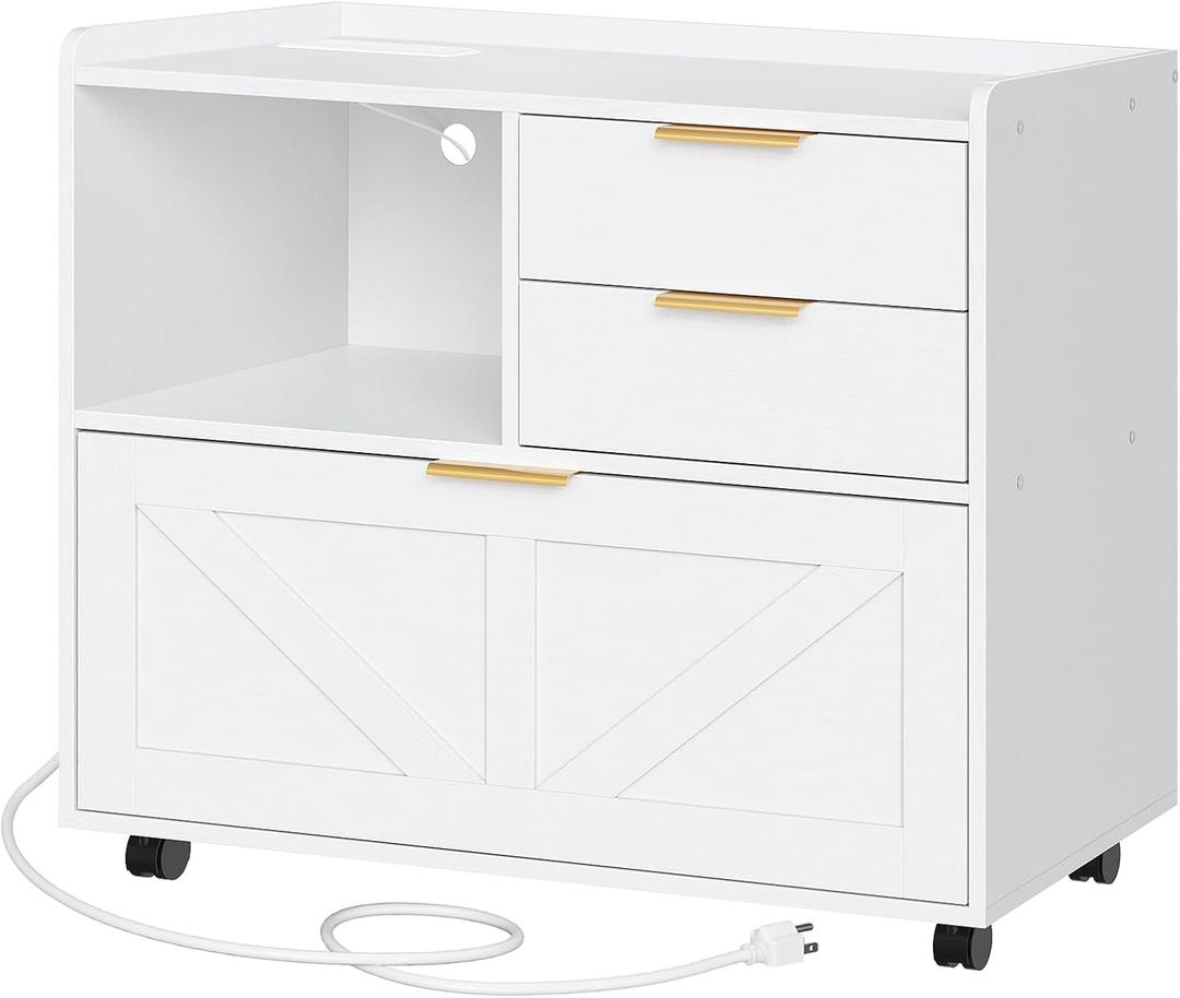 HOOBRO Lateral File Cabinet, Wooden Office Storage Drawers with Charging Station, Filing Cabinet for Home Office, A4/Letter/Legal-Sized Files, Printer Stand with Open Storage Spaces, White WT37UWJ01, 13.8"D x 31.5"W x 24.4"H