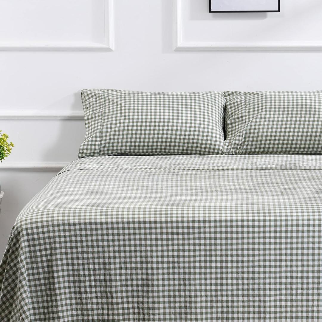 100% Cotton Queen Sheet Set - 4 Piece Cotton Sheets Queen Size Bed Set, Soft, Smooth, Durable, Easy Care, 16" Deep Pocket Checkered Green Sheets - 1 Flat, 1 Fitted, 2 Pillowcases