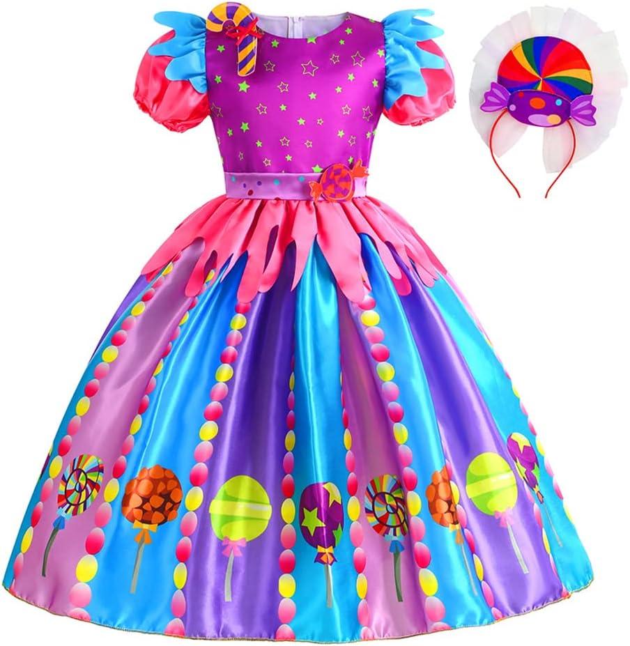 Rainbow Candy Costume for Girls, Kids Candy Princess Tutu Dress with Hair Hoop Halloween Fancy Dress Up Outfit (8-10 Years, Purple Blue)