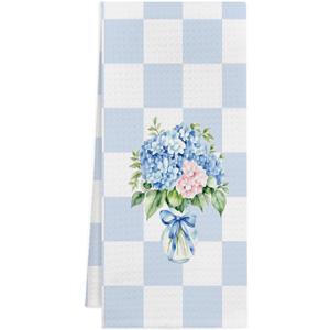 Blue and White Hydrangea Floral Decor, Hydrangea Gifts, Blue Checkered Grand Millenial Flower Decorative Hand Towel for Bathroom Decor, 16x24 Inch