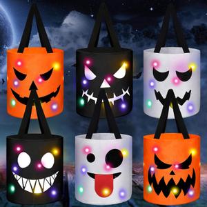 Teling 6 Pcs Halloween Trick or Treat Bucket Light up Pumpkin Candy Bags LED Halloween Treating Baskets Reusable Goody Gift Tote Bag for Birthday Party Favor Supplies(10.4 x 9.8 Inch,Smile Face)