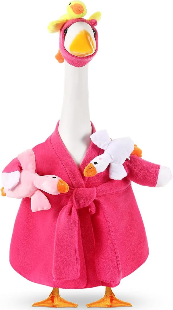 Shyyween Mommy and Baby Porch Goose Outfit for 23'' Cement Statue Silly Geese Clothes Hot Pink Bathrobe with Baby Geese for Outdoor Garden Yard Lawn Patio Duck Decoration (Rose Red)