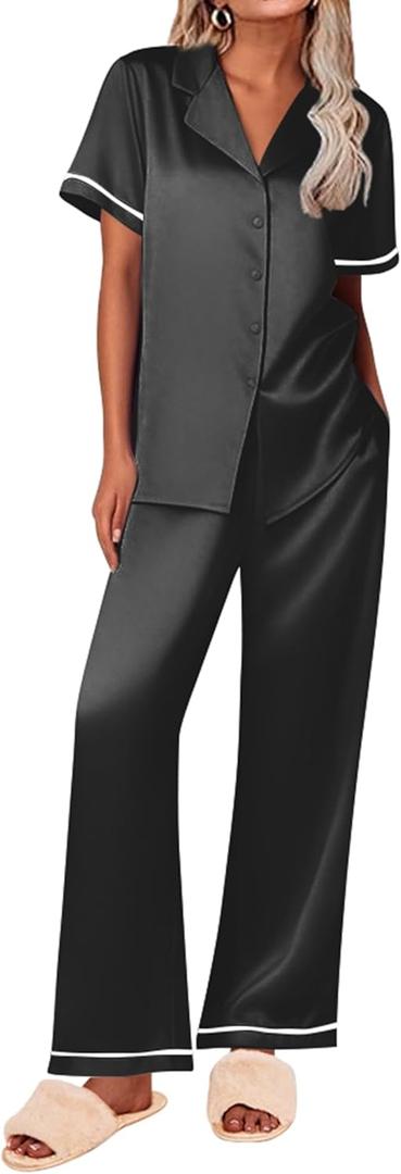 Ekouaer Women's Silk Pajamas Set Short Sleeve Satin Pjs 2 Piece Soft Loungewear with Pants Button Down Sleepwear,Black,XXL (Black, XXL)