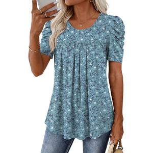 Anydeer Women Tunic Top Summer Short Puff Sleeve Chest Pleated Tshirts Casual Round Neck Blouse Loose Tee (XX-Large, White+blue Flowers)