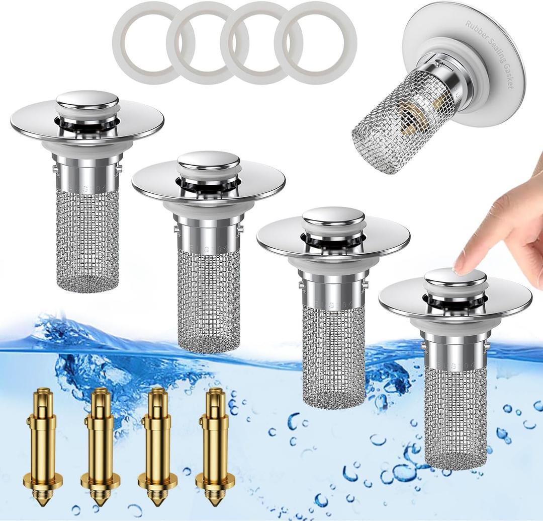4PCS,Bathroom Sink Stopper Hair Catcher, Pop-up Sink Drain Strainer with Removable Stainless Steel Strainer Basket Hair Catcher, Bathroom Sink Strainer for Stopper Replacement.