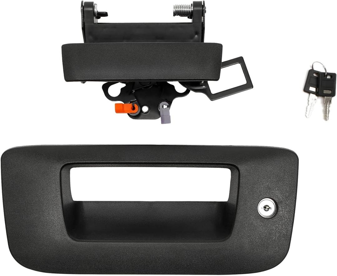 Tailgate Door Handle & Bezel Lock Set, Compatible with 2007-2014 Chevy Silverado & GMC Sierra 1500 2500 3500, Exterior Rear Textured Tail gate Handle with Key, Replace# 22755305