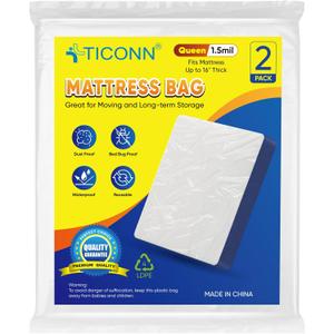 TICONN 2PK Plastic Mattress Bag for Moving Storage, Waterproof Mattress Protector Cover, Heavy-Duty Mattress Moving Supplies (1.5 mil, Queen)