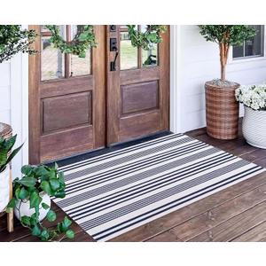 Blue and White Outdoor Rug 24'' x 51''Front Porch Rug Hand-Woven Machine Washable Indoor Layered Door Mats for Entryway/Bedroom
