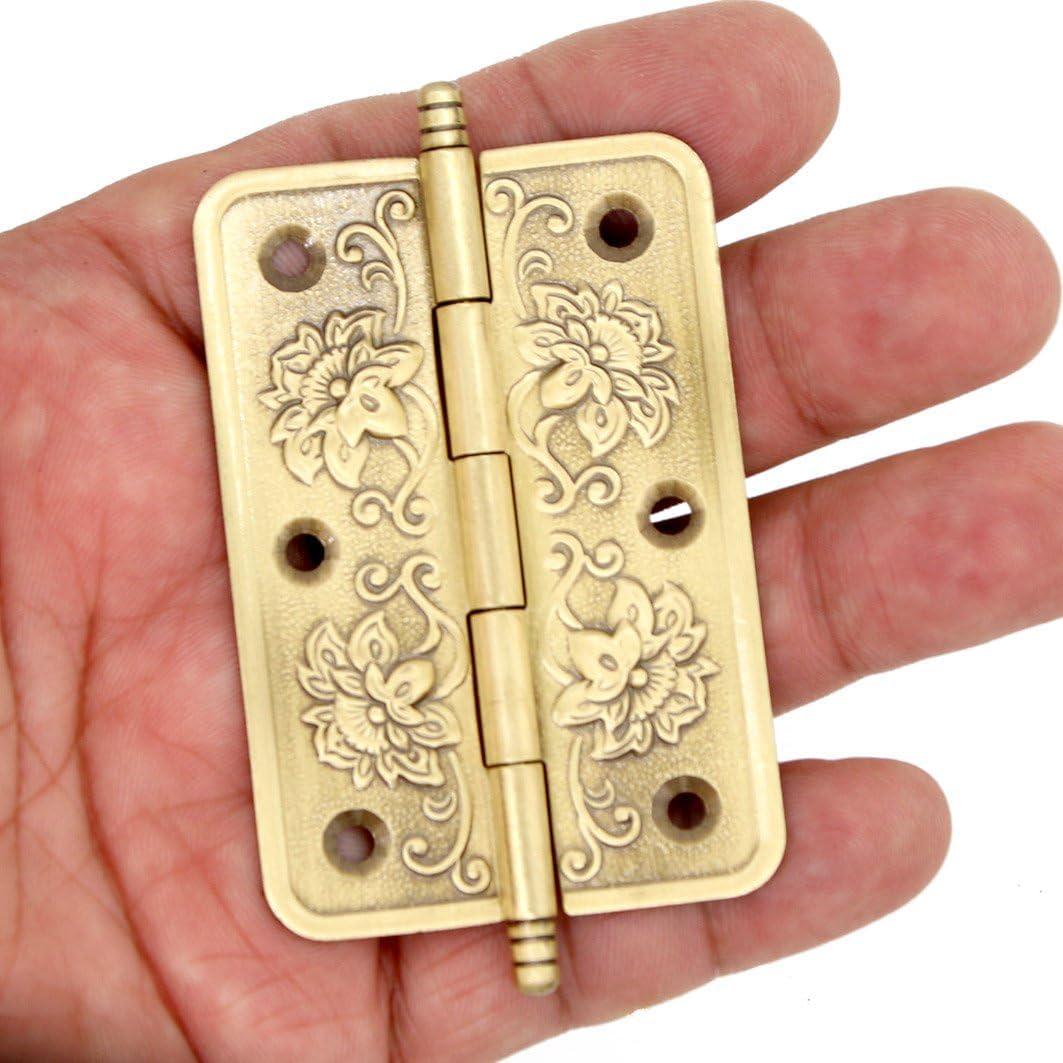 6 PCs Embossed Brass Hinges - Decorative Flap Hinges with Flower Patterns for Wooden Chest Trunk Cabinet Cupboard, Plate Length 2.6" (65 mm)