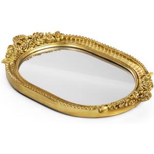 GUOER Vintage Antique Decorative Bathroom Vanity Tray Decor Mirror Tray for Dessert Table Coffee Table Vanity Home Decor Serving Tray with Handle Gold